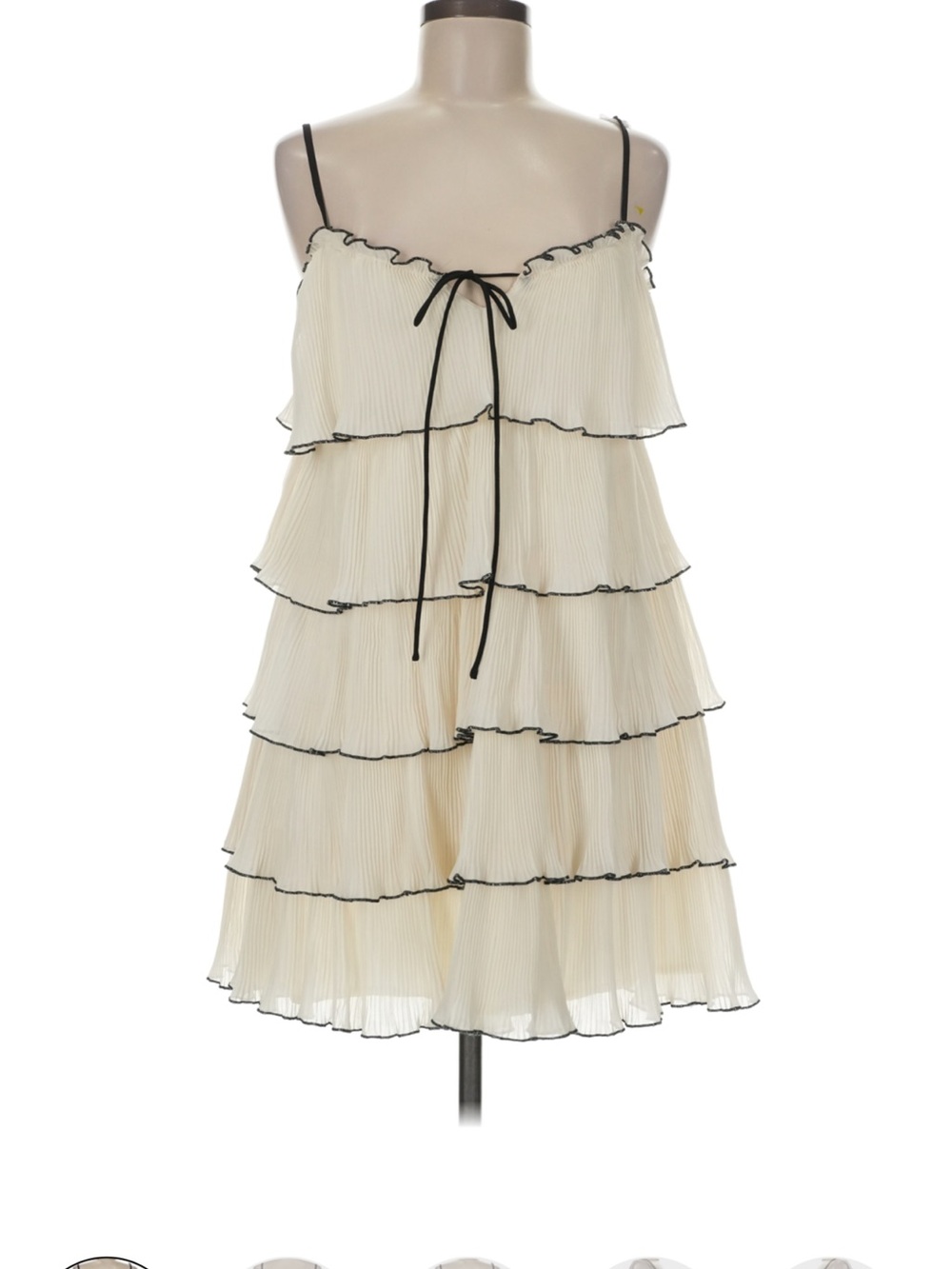 Cream Tiered Pleated Mini Dress with Black Trim
